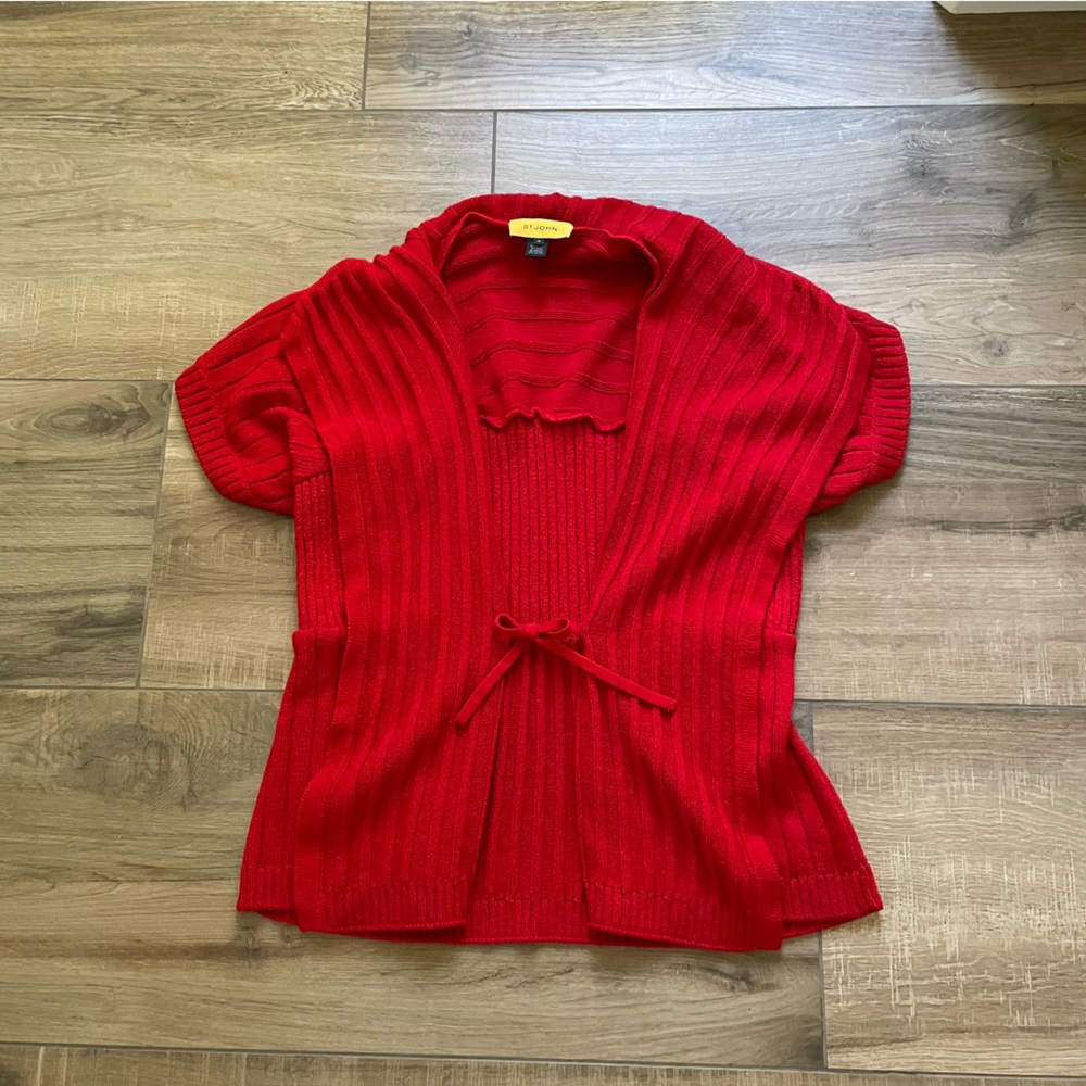 St. John Sweater Womens M Red Short Sleeve Tie Front Cardigan